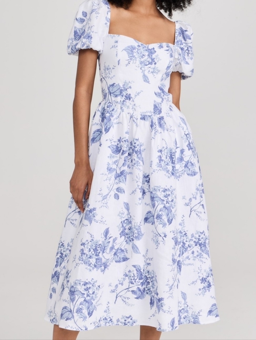 Blue Floral Puff-Sleeve Midi Dress - Women's
